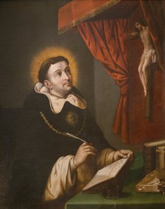 Santo Tomás de Aquino escribiendo ante el crucifijo de Antonio Rodríguez